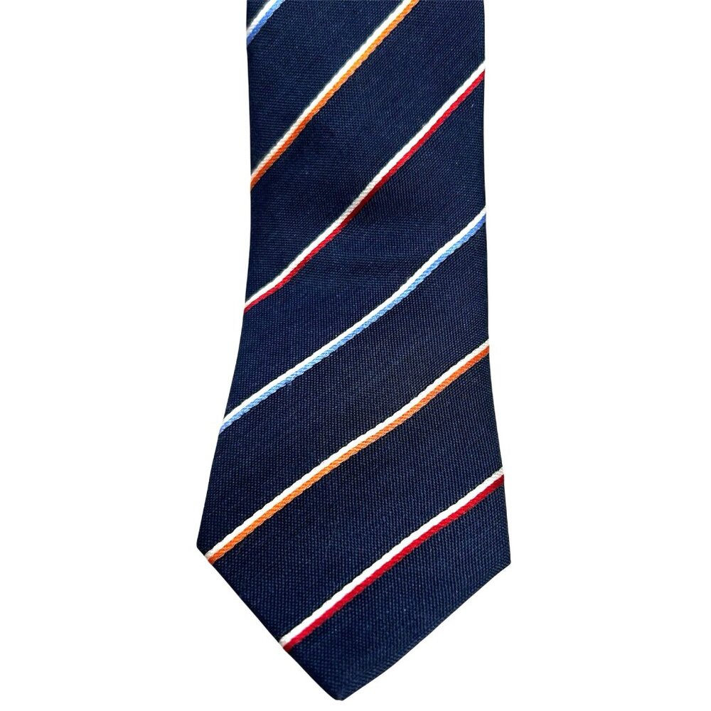 Eaton Silk Linen Blend Striped Necktie Navy Blue Multicolor Office Preppy Academ